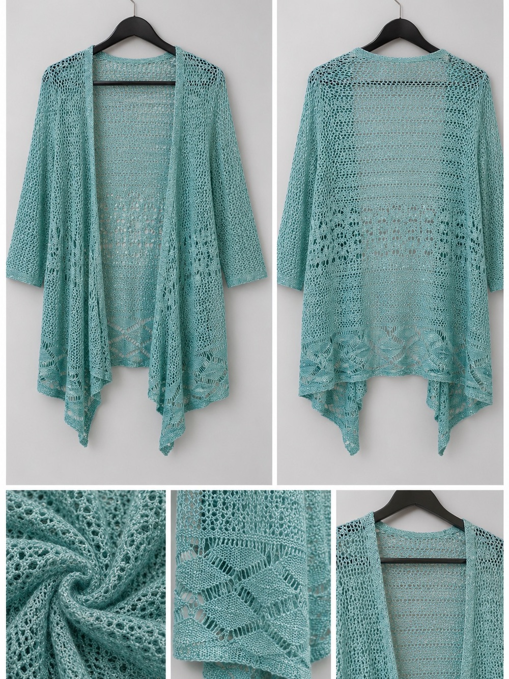 Seafoam Aqua Open Knit Cardigan Waterfall Drape Lace Lightweight Sweater NWOT - Picture 1 of 7
